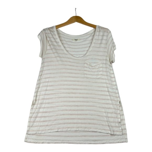 Madewell Striped Short‎ Sleeve Shirt sz Small Tan/White - Picture 1 of 5